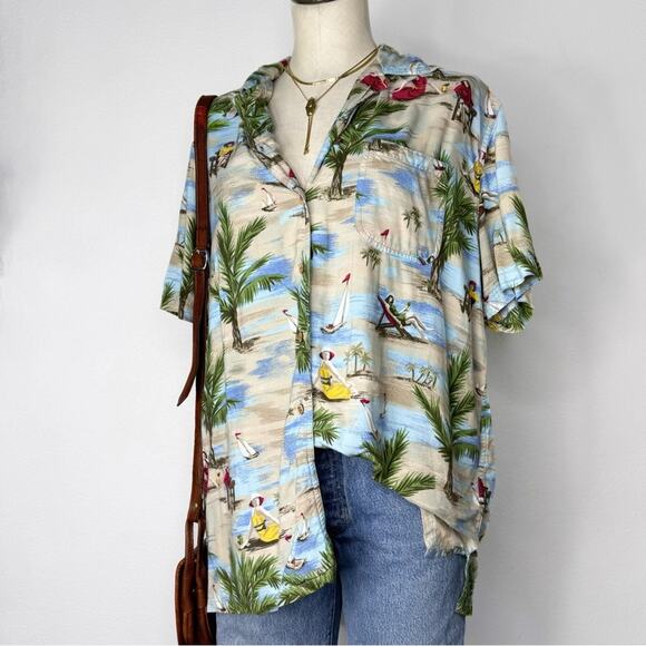 Vintage 90s Beach Scene Button Up Hawaiian Shirt Rayon Coastal Print Large - Picture 1 of 8